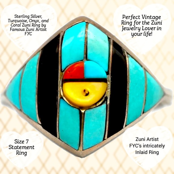 VINTAGE ZUNI STERLING SILVER TURQUOISE INLAY RING By FYC Zuni SIZE 7 - Picture 1 of 6